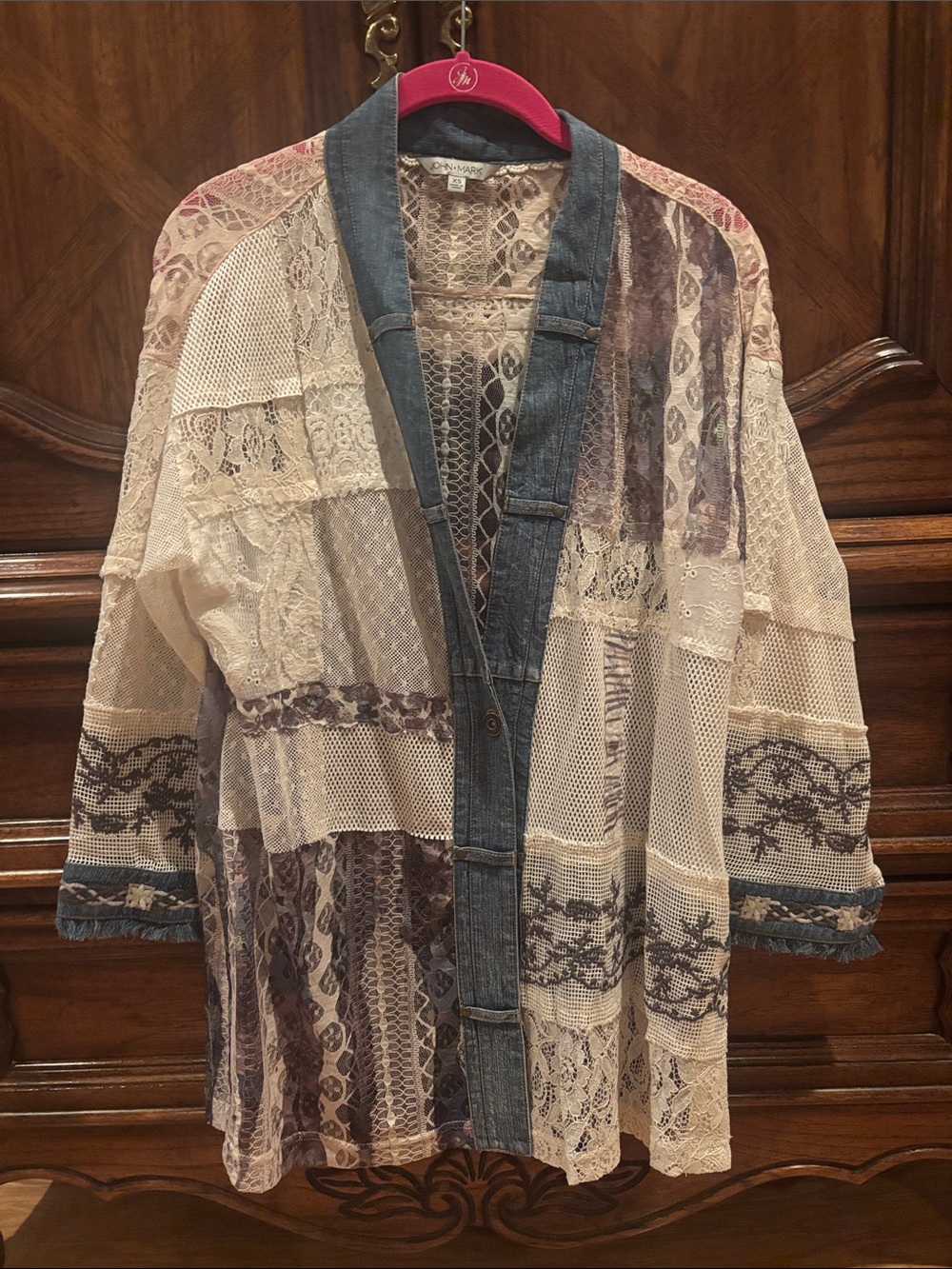 John Mark Cream Lace & Blue Denim-Trim Patchwork Jacket